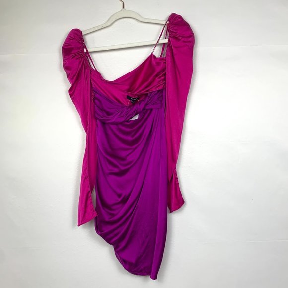 The Bar Silk Twist Puff Long Sleeve Ruched Mini Dress Pink Purple 0 - Picture 7 of 12